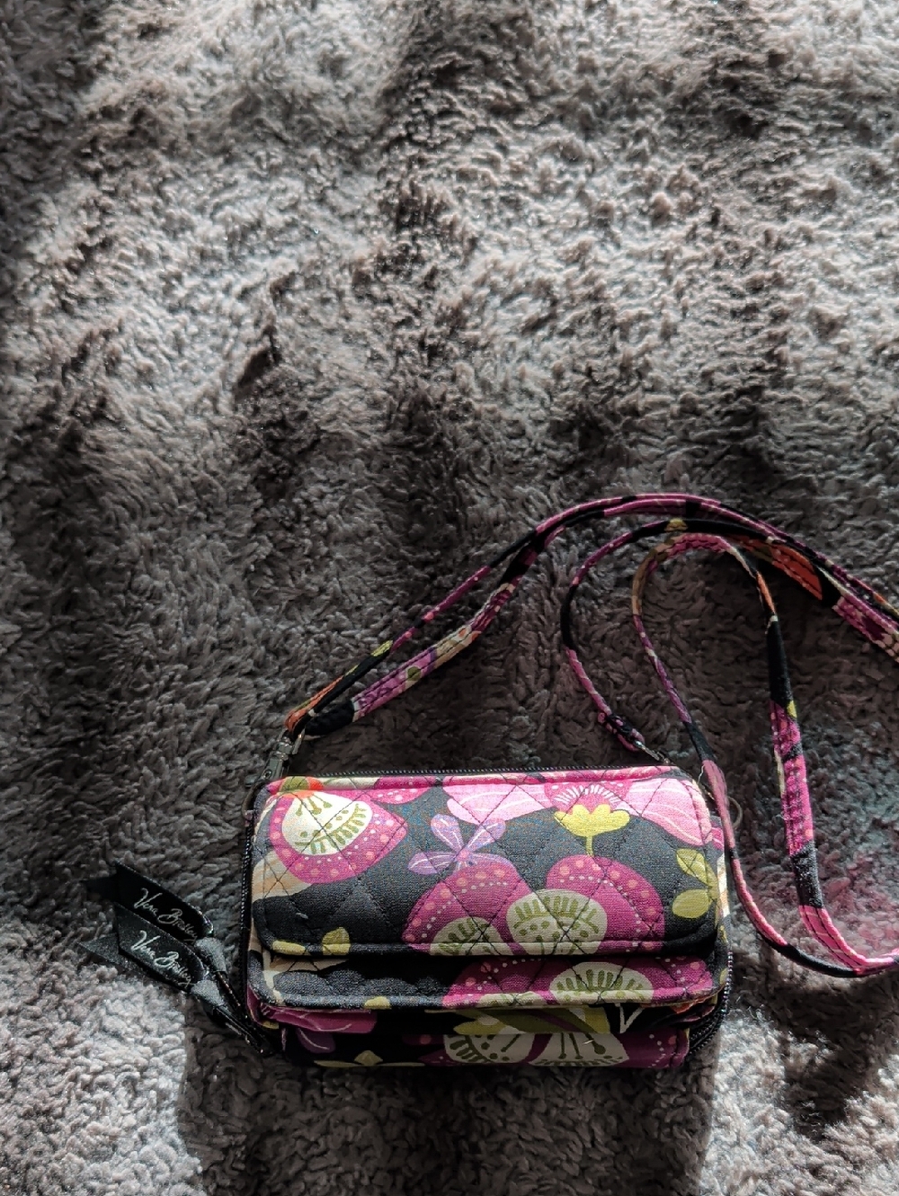 Vera Bradley Black Floral Quilted Crossbody Bag with Pink & Green Accents